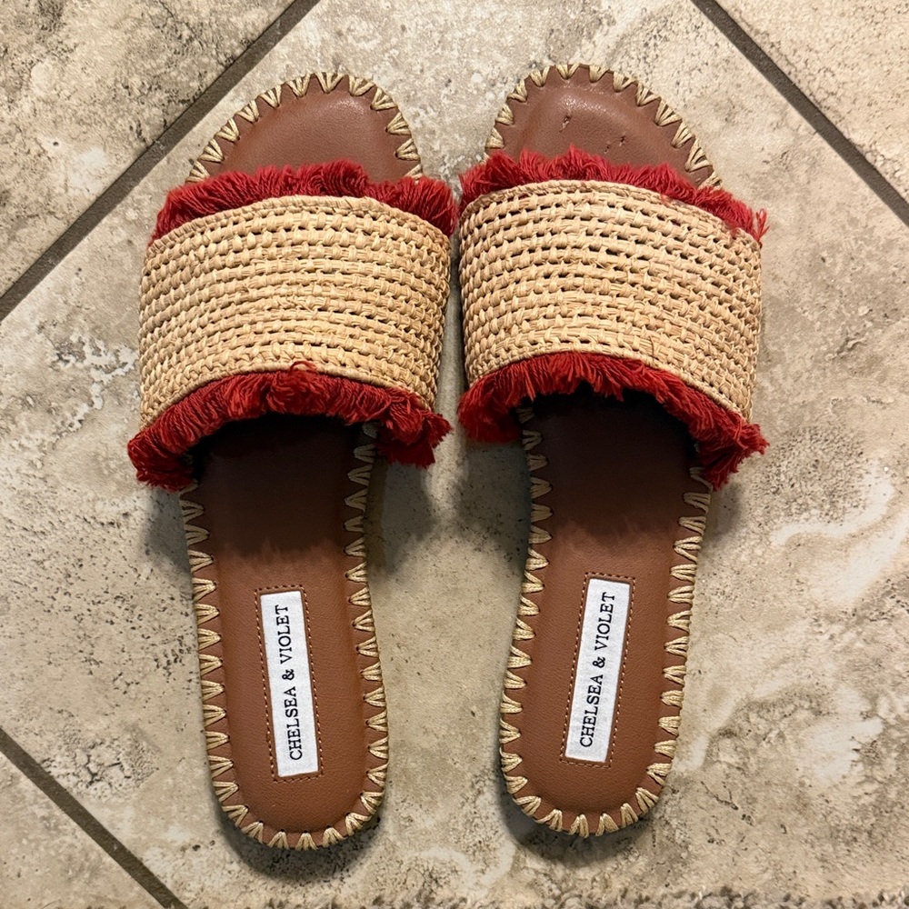Chelsea & Violet Red Fringe Tan Woven Sandals